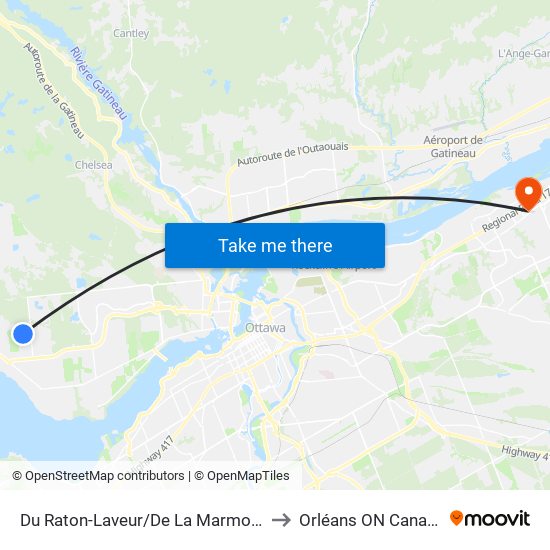 Du Raton-Laveur/De La Marmotte to Orléans ON Canada map