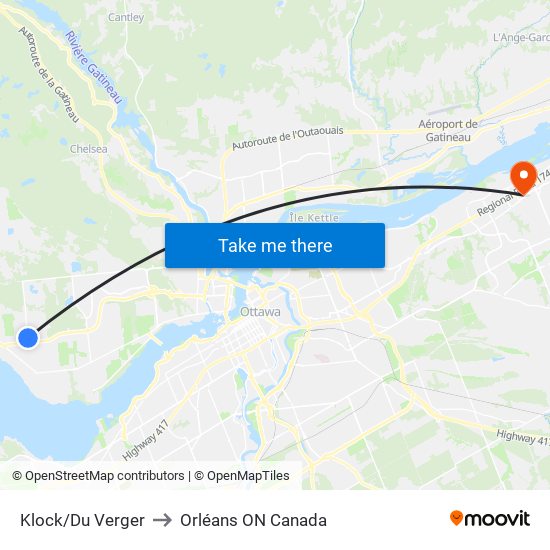 Klock/Du Verger to Orléans ON Canada map