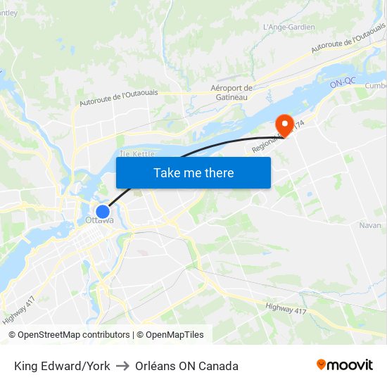 King Edward/York to Orléans ON Canada map