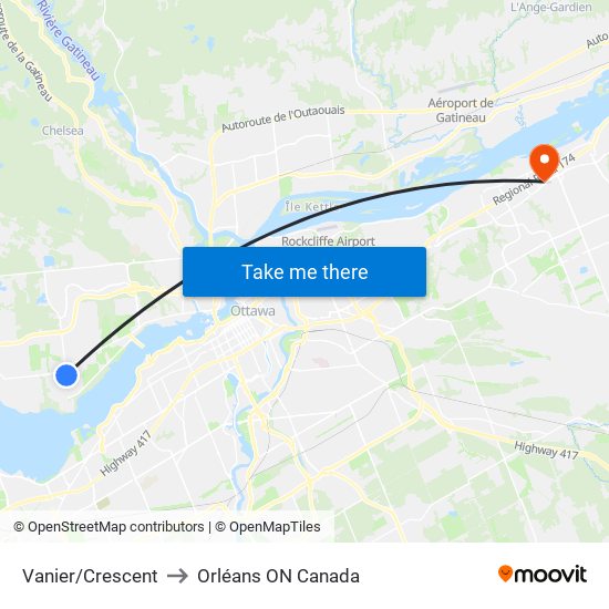 Vanier/Crescent to Orléans ON Canada map