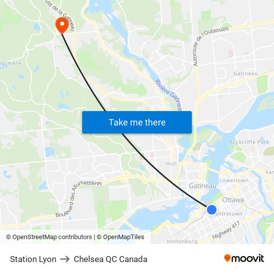 Station Lyon to Chelsea QC Canada map