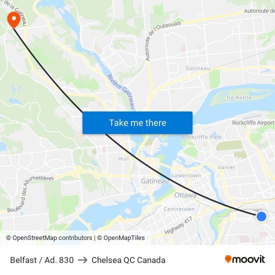 Belfast / Ad. 830 to Chelsea QC Canada map