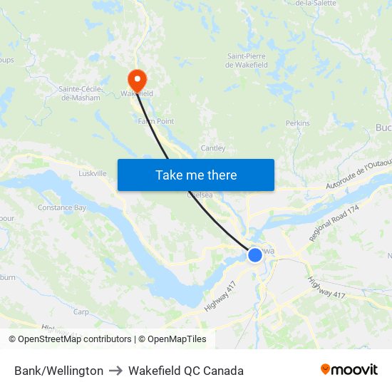 Bank/Wellington to Wakefield QC Canada map