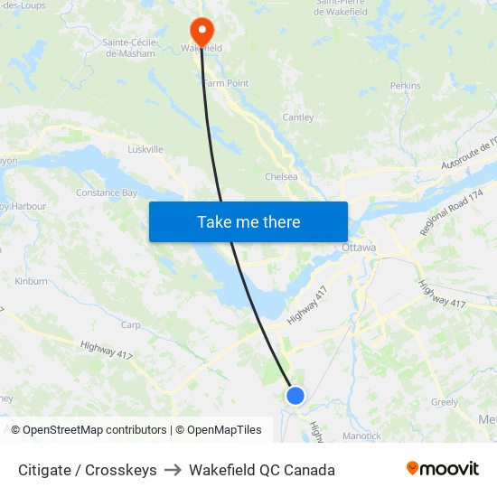 Citigate / Crosskeys to Wakefield QC Canada map