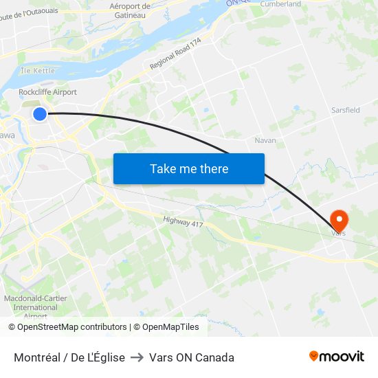 Montréal / De L'Église to Vars ON Canada map