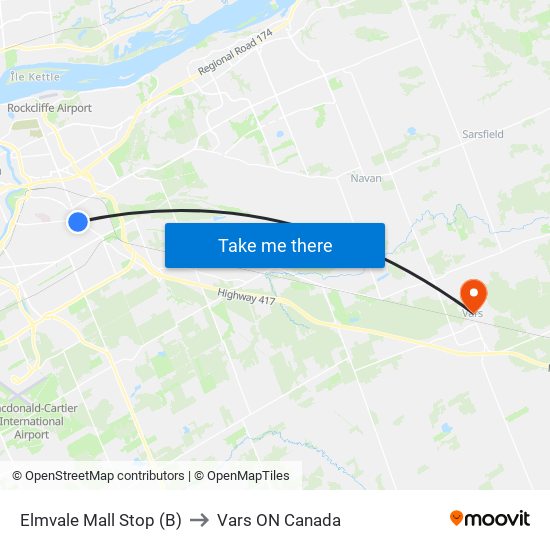 Elmvale Mall Stop (B) to Vars ON Canada map