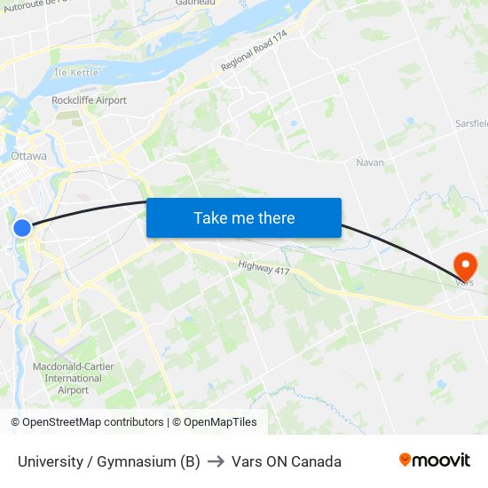 University / Gymnasium (B) to Vars ON Canada map