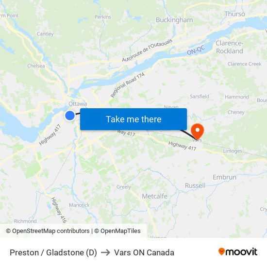 Preston / Gladstone (D) to Vars ON Canada map