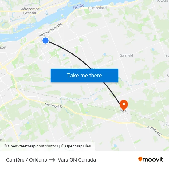 Carrière / Orléans to Vars ON Canada map