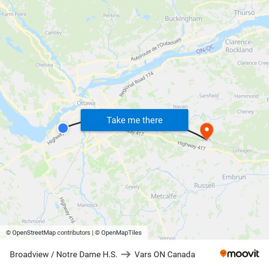 Broadview / Notre Dame H.S. to Vars ON Canada map