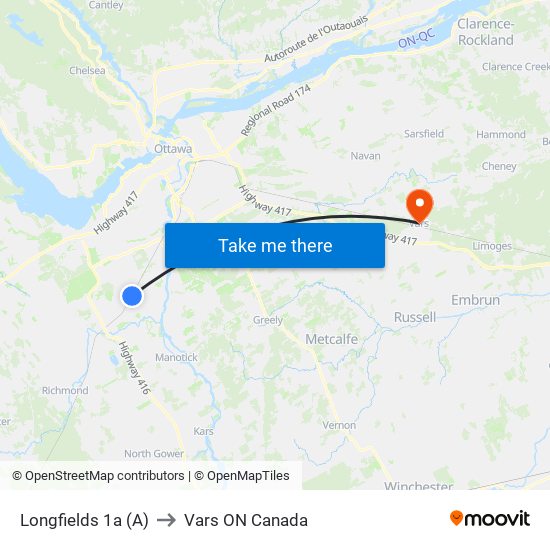 Longfields 1a (A) to Vars ON Canada map