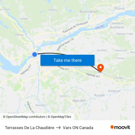 Terrasses De La Chaudière to Vars ON Canada map