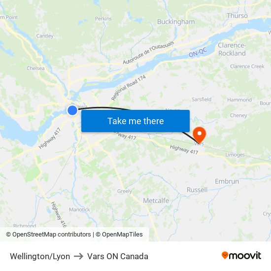 Wellington/Lyon to Vars ON Canada map