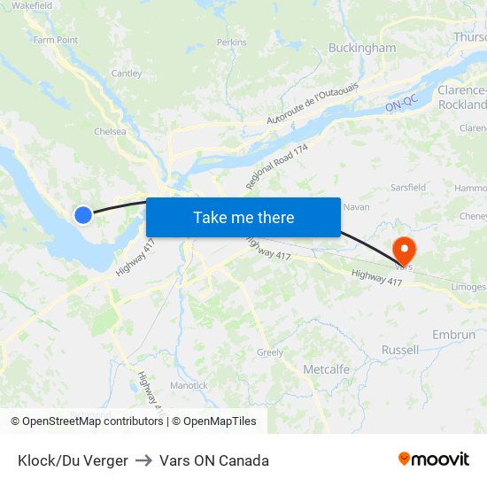 Klock/Du Verger to Vars ON Canada map