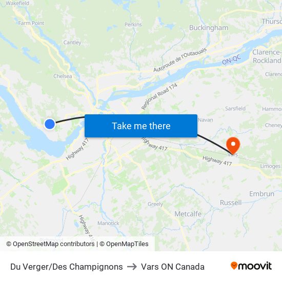 Du Verger/Des Champignons to Vars ON Canada map