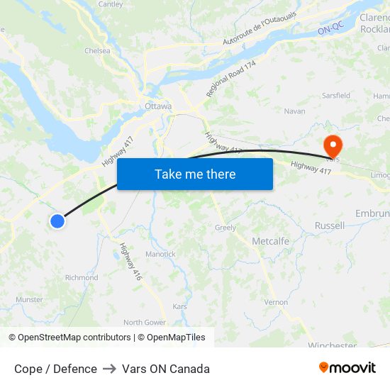 Cope / Defence to Vars ON Canada map