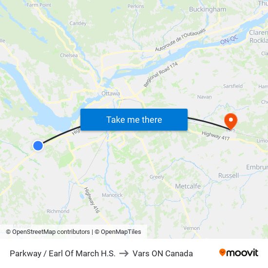 Parkway / Earl Of March H.S. to Vars ON Canada map