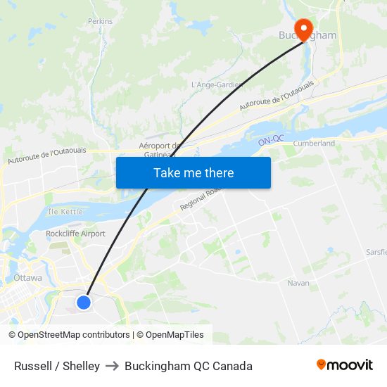 Russell / Shelley to Buckingham QC Canada map