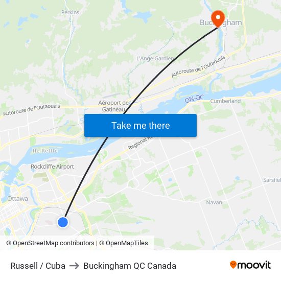 Russell / Cuba to Buckingham QC Canada map