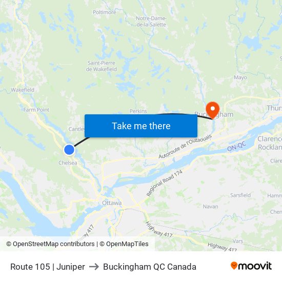 Route 105 | Juniper to Buckingham QC Canada map