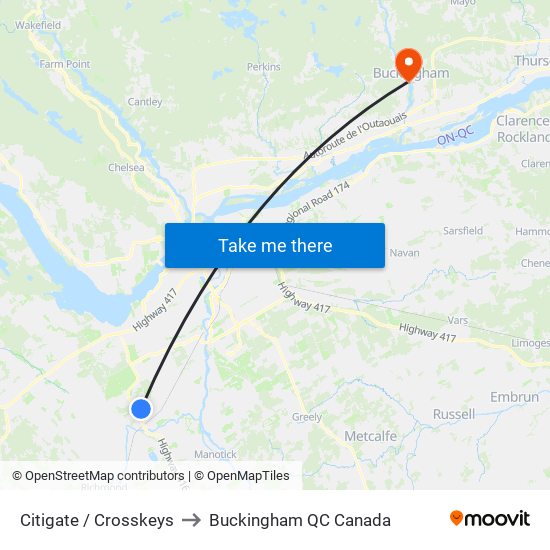 Citigate / Crosskeys to Buckingham QC Canada map