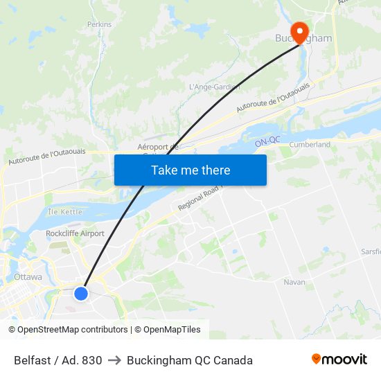 Belfast / Ad. 830 to Buckingham QC Canada map