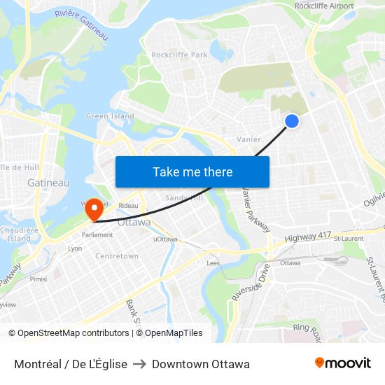 Montréal / De L'Église to Downtown Ottawa map