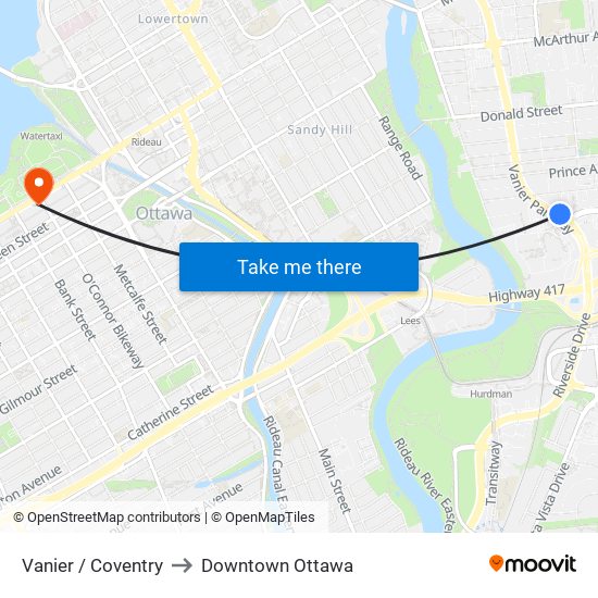 Vanier / Coventry to Downtown Ottawa map