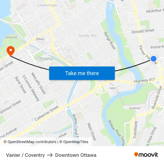 Vanier / Coventry to Downtown Ottawa map