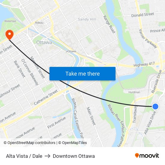 Alta Vista / Dale to Downtown Ottawa map