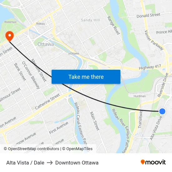 Alta Vista / Dale to Downtown Ottawa map