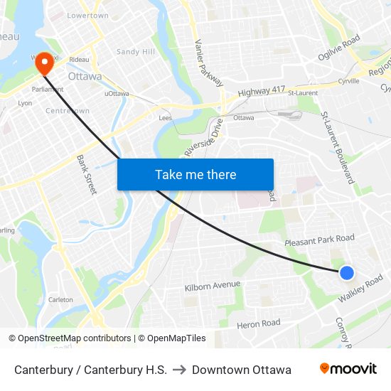 Canterbury / Canterbury H.S. to Downtown Ottawa map