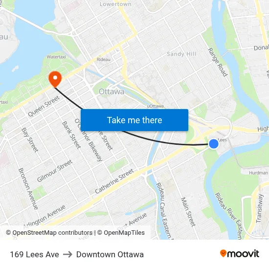 169 Lees Ave to Downtown Ottawa map