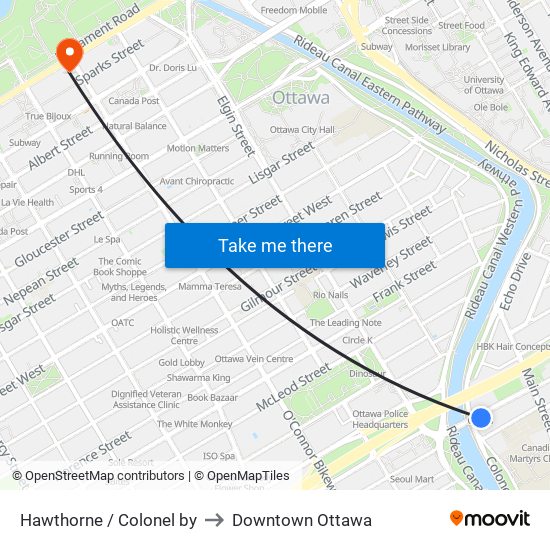 Hawthorne / Colonel by to Downtown Ottawa map