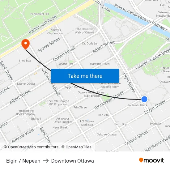 Elgin / Nepean to Downtown Ottawa map