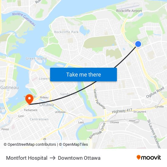 Montfort Hospital to Downtown Ottawa map