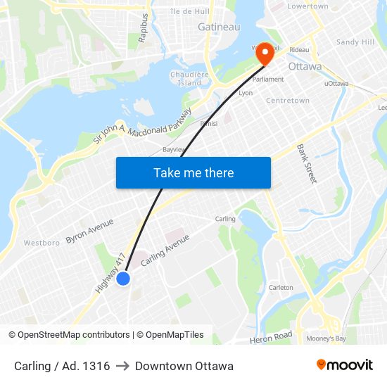 Carling / Ad. 1316 to Downtown Ottawa map