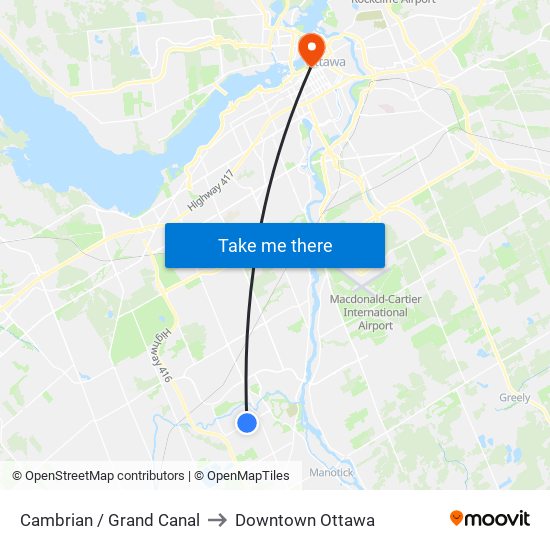 Cambrian / Grand Canal to Downtown Ottawa map