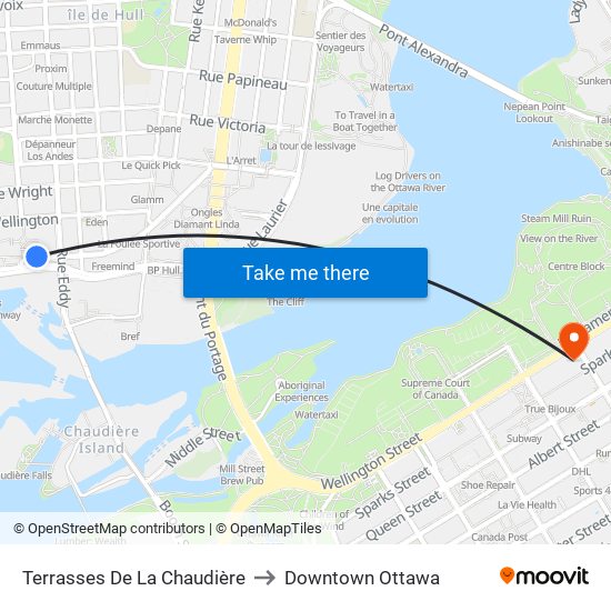 Terrasses De La Chaudière to Downtown Ottawa map