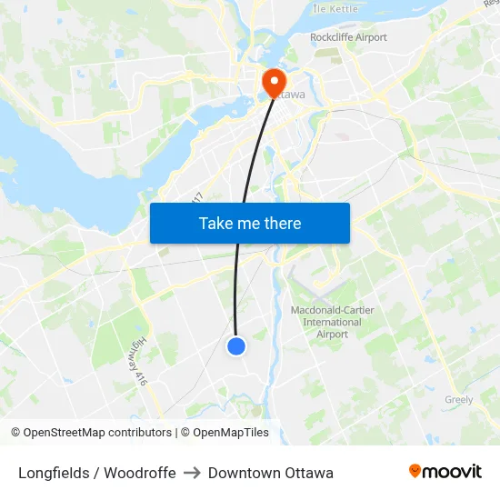 Longfields / Woodroffe to Downtown Ottawa map