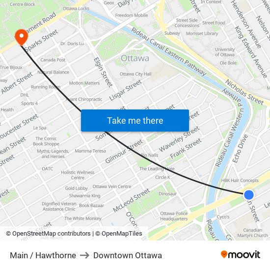 Main / Hawthorne to Downtown Ottawa map