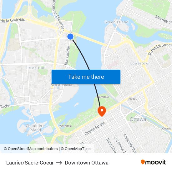 Laurier/Sacré-Coeur to Downtown Ottawa map