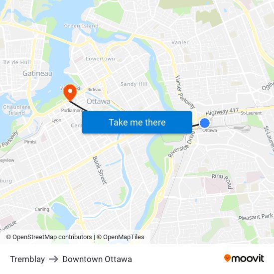 Tremblay to Downtown Ottawa map