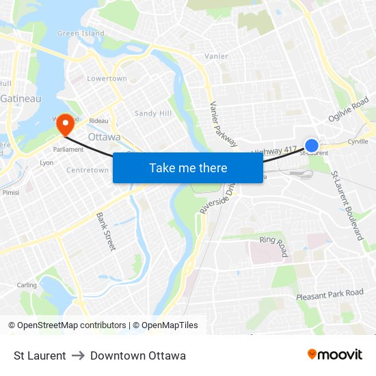 St Laurent to Downtown Ottawa map