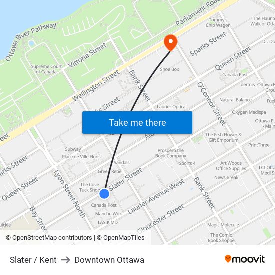 Slater / Kent to Downtown Ottawa map