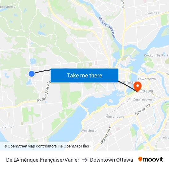 De L'Amérique-Française/Vanier to Downtown Ottawa map