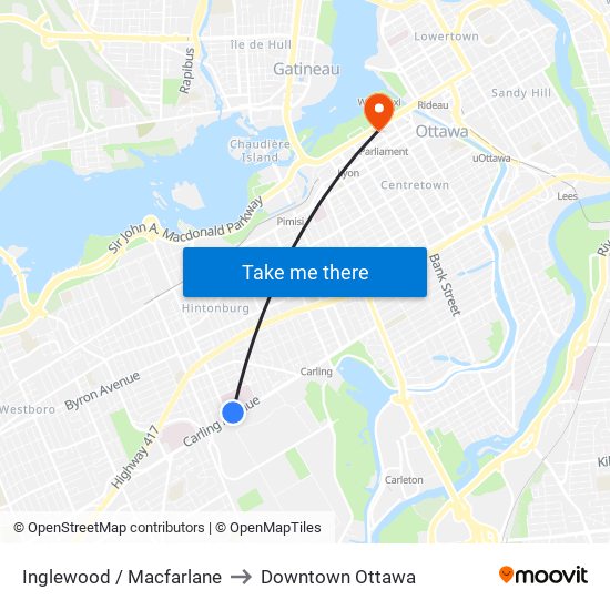 Inglewood / Macfarlane to Downtown Ottawa map