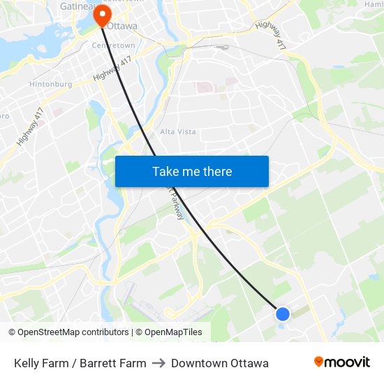 Kelly Farm / Barrett Farm to Downtown Ottawa map