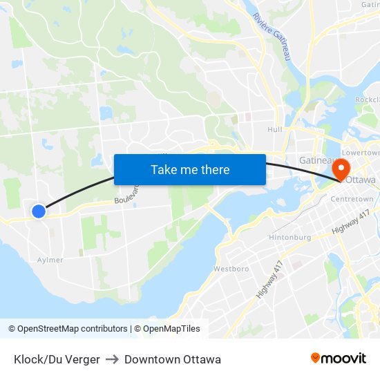 Klock/Du Verger to Downtown Ottawa map