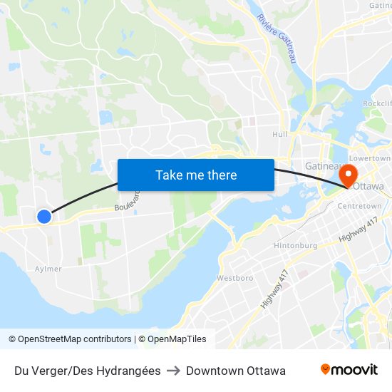 Du Verger/Des Hydrangées to Downtown Ottawa map